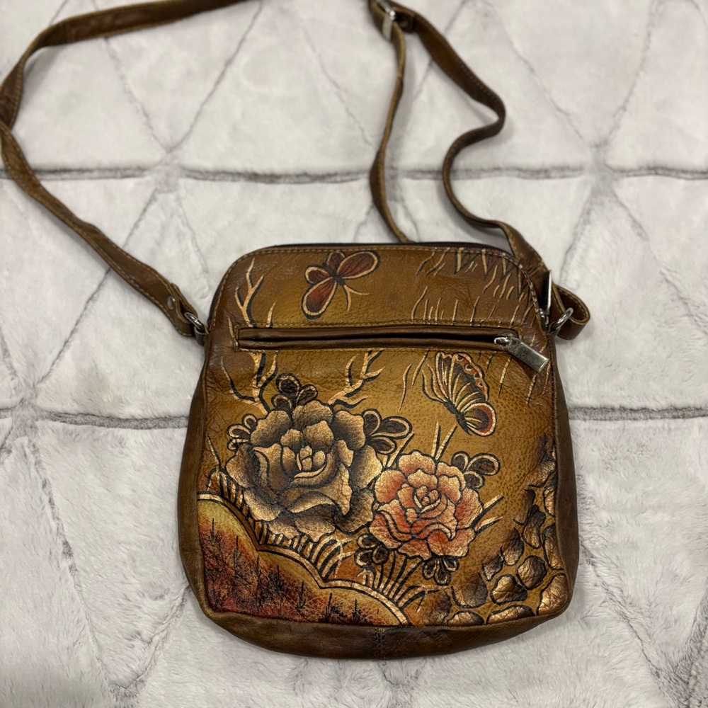 Biacci Handpainted Festival Leather Floral Butterfly Brown crossbody Handbag - Picture 3 of 8